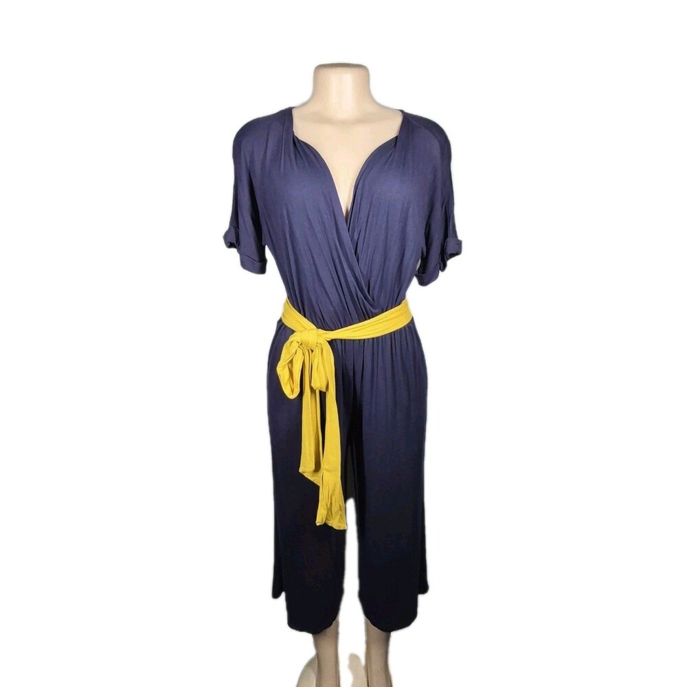 Egy Women's Deep V-Neck Short Sleeve Waist Tie Solid Jumpsuit Blue Sz Med